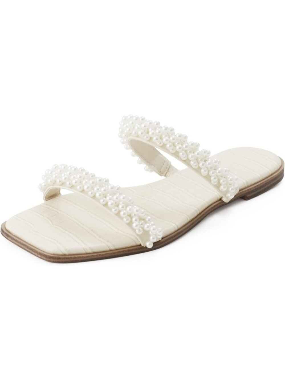 Women's Beige Summer Pearl Strap Square Open Toe Slip On Flat Slides Sandals
